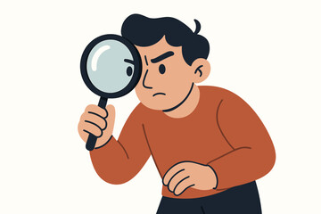 Man with magnifying glass searching vector. Concept of investigation, analysis, research, discovery, scrutiny. Detective inspecting, looking for clues. Quality control concept.