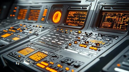 Futuristic spacecraft control panel animation with glowing orange display screens