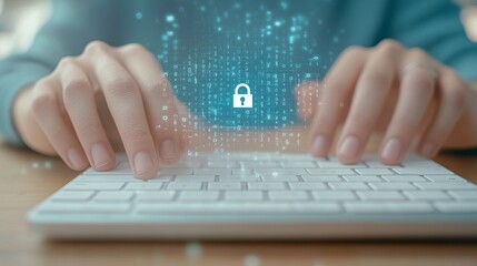 Cybersecurity Focus, close-up of hands typing on a keyboard, holographic lock icon, binary code overlay, emphasizing digital security themes