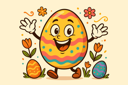 Happy Easter egg cartoon character mascot. Retro vintage style illustration for spring holiday. Cute smiling decorated egg with flowers. Isolated vector graphic design.