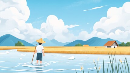 Flooded Rice Field with Farmer, showcasing the impact of extreme weather on agriculture and resilience in challenging conditions