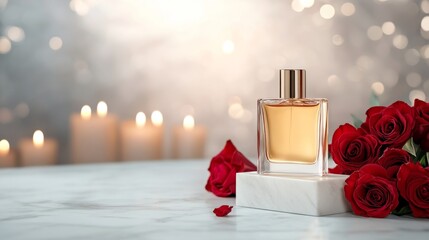 Elegant perfume bottle on marble pedestal, adorned with red roses and candles, set against a softly blurred romantic backdrop