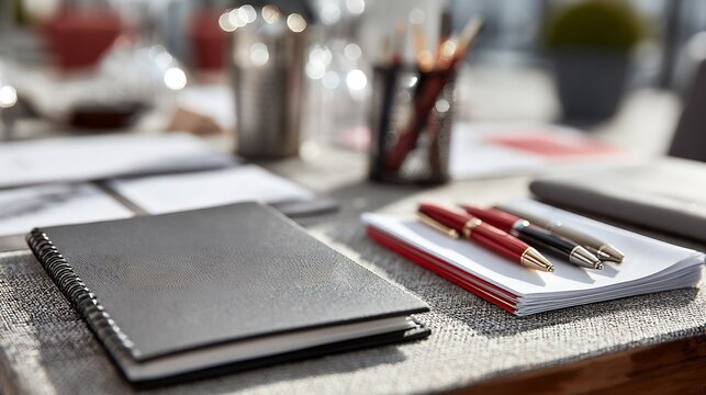 Glass top table company documents branded pens and welcome packet at new hire orientation clean onboarding business background