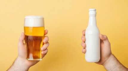 Balancing Priorities, A person embodies the struggle between indulgence and responsibility, showcasing the contrast of beer and baby milk.