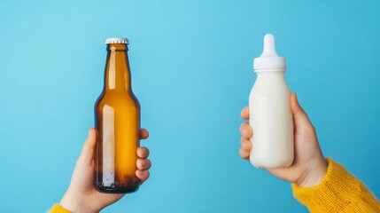 Dual Roles, a person balancing a beer and a baby bottle, embodying the blend of adult life and parenting challenges.
