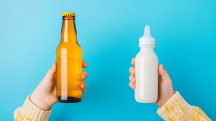 Dual Roles, a parent balancing relaxation with responsibility, enjoying a beer while caring for a baby, capturing the essence of modern parenthood.
