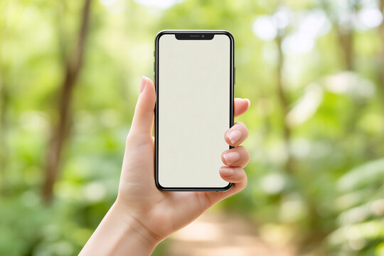 森林の中でスマートフォンを持つ手元　緑の森でスマホを持つ女性の手