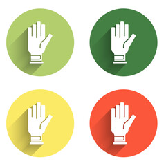 Obraz premium Set Golf glove icon isolated with long shadow background. Sport equipment. Sports uniform. Color circle button. Vector
