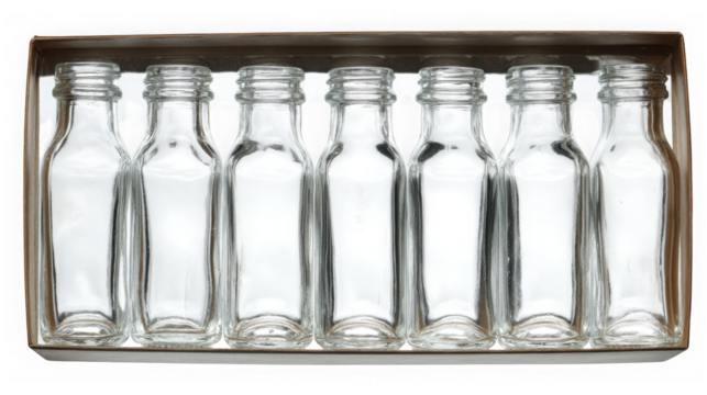 Small clear glass bottles in a box