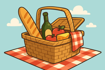 Picnic basket with food and wine for a summer lunch outdoor. Vector illustration of a wicker basket with baguette, cheese, and apples on a gingham blanket under a blue sky.
