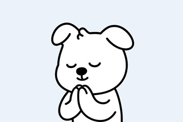 Fototapeta premium Cute cartoon dog praying with paws together. Hopeful puppy character wishing with closed eyes. Concept of faith, hope, gratitude, and spirituality. Minimalist vector line art.
