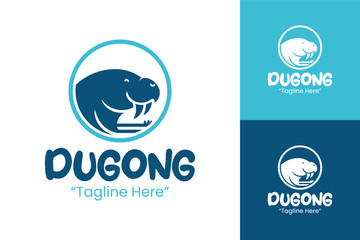 Fototapeta premium Modern Blue Dugong Logo in Circle Shape with Flat Bold Silhouette and Clean Branding Design