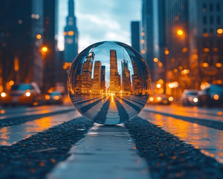Cityscape reflected in a crystal ball