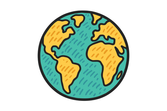 Hand-drawn Earth globe doodle vector illustration. Sketchy planet world cartoon icon. Concept for ecology, environment, travel, and global conservation. Simple drawing for Earth Day.