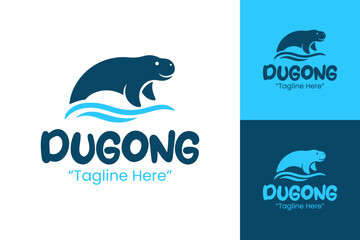Friendly Dugong Logo in Dark and Light Blue with Curved Ocean Base for Minimal Branding
