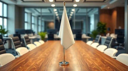 White flag on a conference table in an office with chairs and windows in the background showing the city