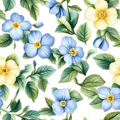 Delicate floral pattern with blue and yellow flowers and leaves.