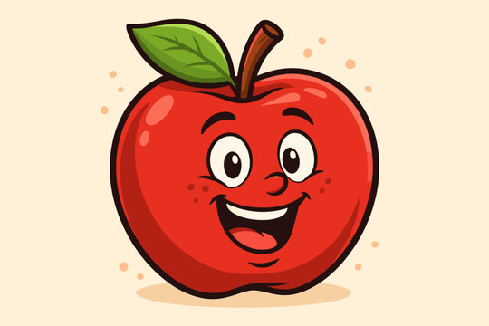 Red apple cartoon character mascot. Cute smiling fruit with a happy face. Concept healthy eating. Fresh organic food. Vector illustration for kids. Joyful, friendly fruit icon. Vintage style.
