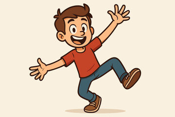 Obraz premium Happy cartoon boy jumping for joy. Cheerful kid character with a big smile and energetic pose. Vector illustration of a child celebrating, dancing. Mascot design isolated.