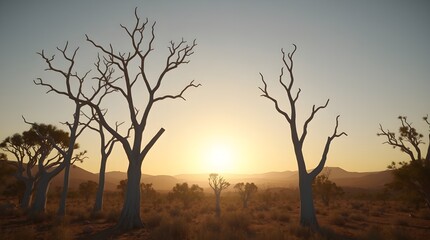 Bare trees stand silhouetted against a stunning sunset, casting long shadows over a dry, expansive landscape. The warm glow of the sun creates a serene and peaceful atmosphere