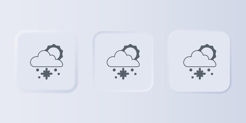 Grey Cloud with snow and sun icon isolated on grey background. Cloud with snowflakes. Single weather icon. Snowing sign. Set icons in square buttons. Vector