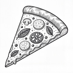 Slice of pizza in monochrome line art style, black and white drawing for food illustration and design projects
