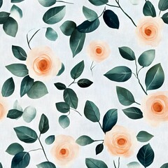 Delicate floral pattern of peach roses and eucalyptus leaves on a light background.