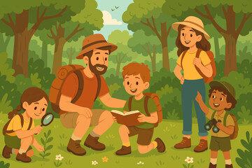 Happy diverse family exploring nature in forest. Parents and children hiking, learning together on summer adventure. Dad reads book, kids use magnifying glass and binoculars.