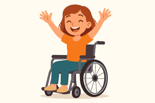 Cheerful smiling disabled girl in a wheelchair with arms raised up. Happy handicapped child character. Vector illustration for inclusion, diversity, empowerment, and accessibility.