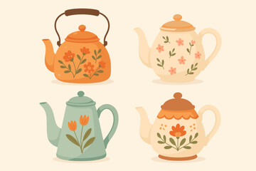Charming vintage teapot and kettle collection with floral patterns. Set of cute hand-drawn ceramic kitchenware illustrations. Retro tea time concept for cozy home decor vector.