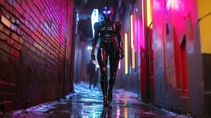 Futuristic robot in a neon-lit alleyway
