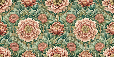 Elegant floral pattern featuring lush pink flowers and green foliage.