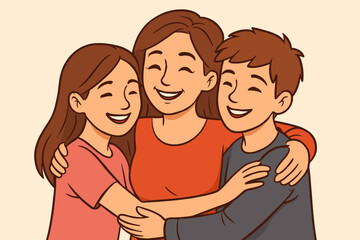 Loving family embrace. Happy mother hugging her son and daughter. Mom with two children illustration. Concept of love, care, support, parenthood, and family bond. Cartoon vector.