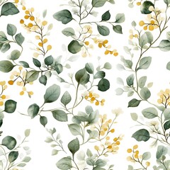 Delicate floral pattern of eucalyptus branches with yellow accents.