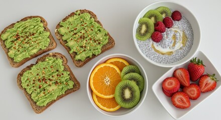 Healthy Green Avocado Toast with Fruit Bowls on White Surface