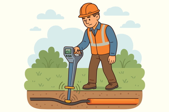 Surveyor or engineer using a utility locator to find underground pipes and cables. Construction worker in hard hat and safety vest performing inspection with ground penetrating radar.