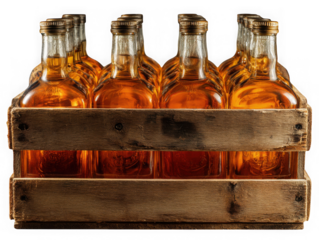 Wooden Crate Full of Amber Liquid Bottles
