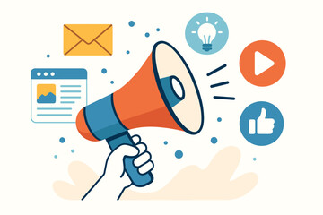 Digital marketing concept with hand holding megaphone. Social media, content strategy, email advertising, and promotion icons. Vector illustration for business communication and brand announcement.