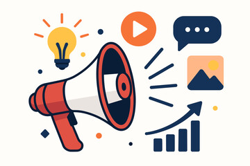 Digital marketing concept with megaphone for advertising and promotion. Social media, content creation, and business growth strategy. Creative ideas and analytics vector illustration.