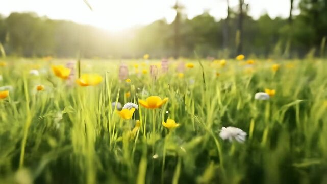 Sunlit wildflower meadow in full bloom with golden sunlight rays