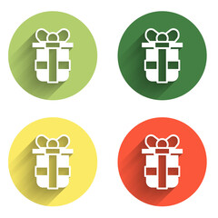 Set Gift box icon isolated with long shadow background. Happy Birthday. Color circle button. Vector