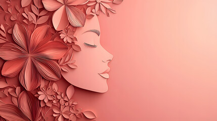 Illustration of face and flowers style paper cut with copy space for international women's day