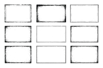 Set of vector distressed black rectangle vector frames with rough edges, and textures
