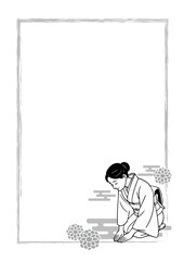 和風フレーム背景　正座でお辞儀をする着物の女性