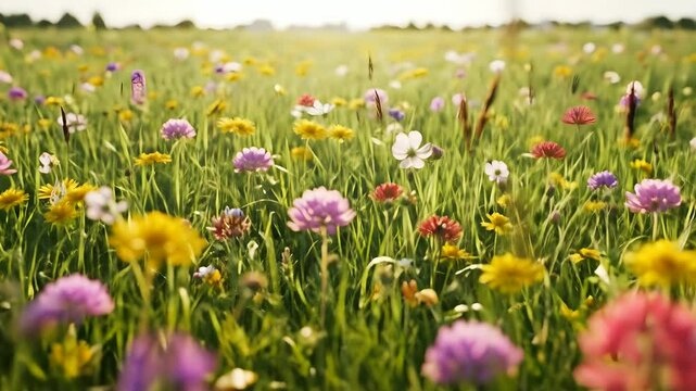 Blooming wildflower meadow at sunset with colorful flowers and warm evening light