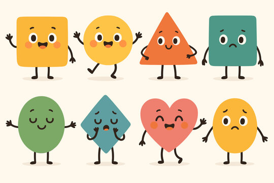 Set of cute kawaii geometric characters with various emotions. Funny cartoon basic shapes with faces showing different feelings. Happy, sad, joy. Mascot collection for kids.