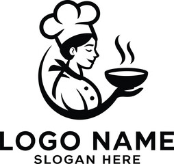 Chef logo design with a woman wearing a chef hat and holding a bowl of food with steam in black and white