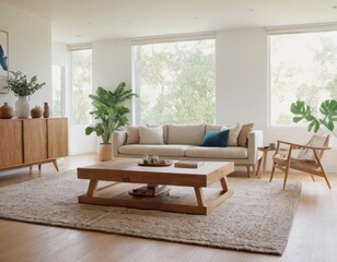 Fototapeta premium A serene living room with beige sofa, wooden coffee table, and natural light.