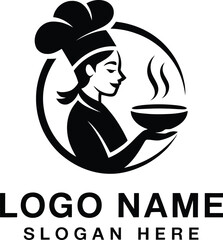 Illustration of a chef holding a steaming bowl inside a circle for logo name and slogan here design