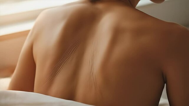 Stretch marks on the back of a woman captured in soft natural light showing detailed skin texture